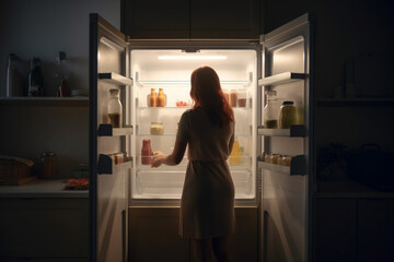 Fototapeta na wymiar woman standing in front of open fridge, cinematic night lighting. Generative Ai