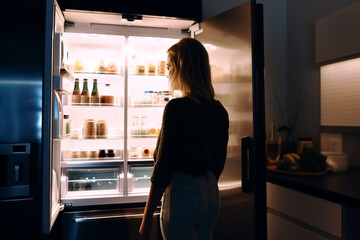 woman standing in front of open refrigerator thinks about food, diet. Generative Ai