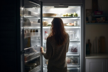 Fototapeta na wymiar woman standing in front of an open fridge. Generative Ai