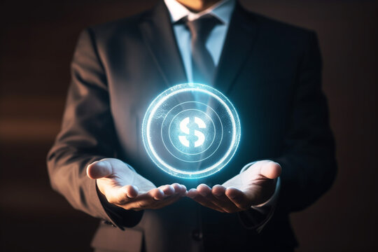 businessman holding a glowing circle with dollar sign. Generative Ai