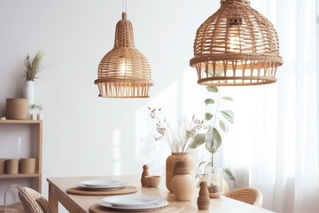beige rattan kitchen decor dining room furniture lamp style table. Generative AI.