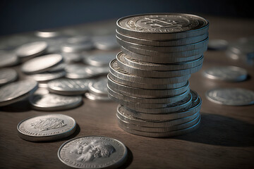A Pile of Shiny Coins on a Table Representing Wealth and Savings, ai generative