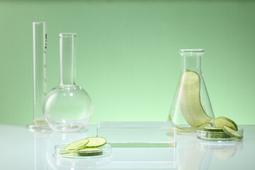 Front view of lab glassware decorated on pastel background with cucumber slices. Empty transparent...