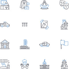 District center line icons collection. Thriving, Urban, Busy, Hub, Commercial, Vibrant, Lively vector and linear illustration. Cultured,Dynamic,Fashionable outline signs set