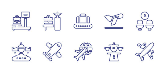 Airport line icon set. Editable stroke. Vector illustration. Containing scale, scanner, luggage, departures, waiting room, airplane, international, landing, plane.