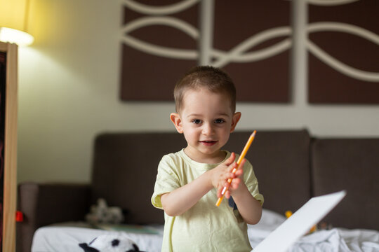 Little boy doing colouring at home