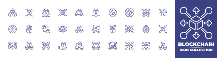 Blockchain line icon collection. Editable stroke. Vector illustration. Containing blockchain, unsecure, cubes, unlocked, smart contract, distribution, distributed ledger, and more.