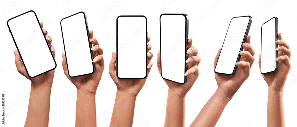 Canvas Prints a set of female hands with a smartphone featuring a frameless screen. 6 available positions that you