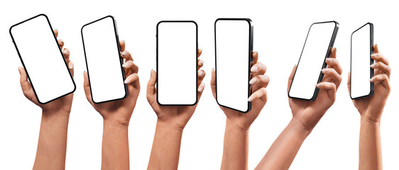 A set of female hands with a smartphone featuring a frameless screen. 6 available positions that you can use for your project. A template for a mobile application or advertisement