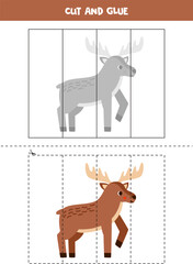 Cut and glue game for kids. Cute cartoon moose.