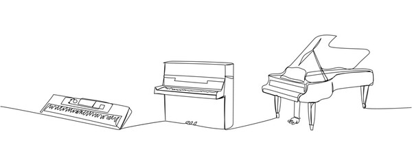 Keyboard instruments set piano, synthesizer one line art. Continuous line drawing of piano, chord, antique, music, keyboard, concert, instrument classic