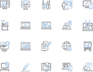 Session line icons collection. Connection, Meeting, Gathering, Dialogue, Discussion, Workshop, Seminar vector and linear illustration. Intensive,Retreat,Summit outline signs set