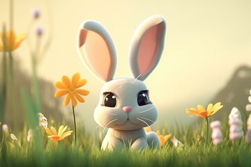 Cute Cartoon Bunny in a Spring Meadow (Created with Generative AI)