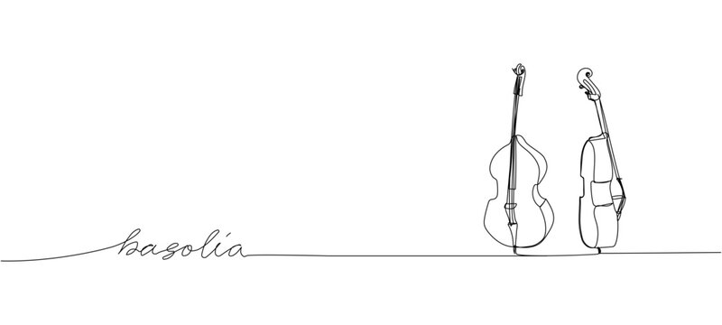 Basolia, bass viol one line art. Continuous line drawing of musical, melody, violin, vintage, music, orchestra, viola, symphony, musician, string with an inscription, lettering, handwritten.
