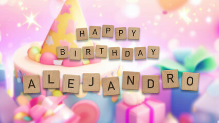 Happy Birthday Alejandro card with wooden tiles text. Boys birthday card with colorful background.