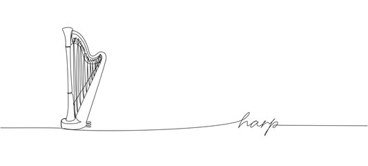 Harp one line art. Continuous line drawing of musical, melody, antique, culture, retro, tune, music, irish, orchestra, greek, lira, lyra, string with an inscription, lettering, handwritten.