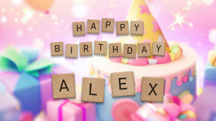 Happy Birthday Alex card with wooden tiles text. Boys birthday card with colorful background.