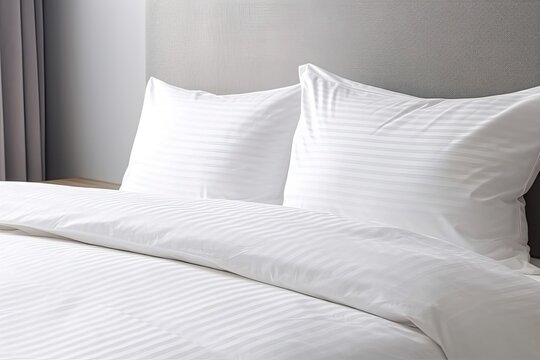  bed with white pillows in hotel, ai generative