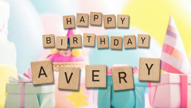 Happy Birthday Avery card with wooden tiles text. Girls birthday card with colorful background.