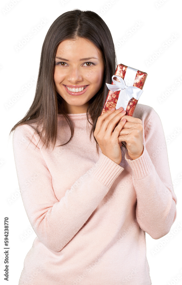 Poster Beautiful young woman holding christmas gift on white background