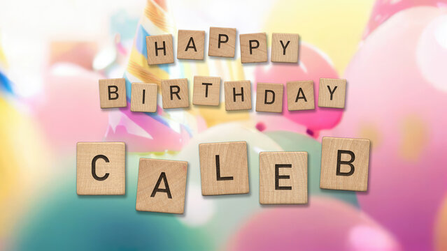 Happy Birthday Caleb card with wooden tiles text. Boys birthday card with colorful background.