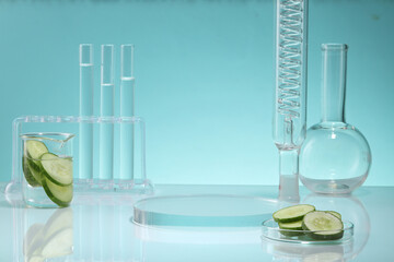 Research content with beaker and petri dish containing Cucumber slices and other laboratory...