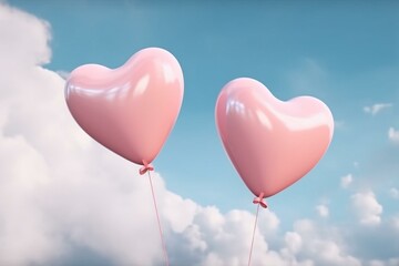 Fototapeta na wymiar Minimal love concept of pink heart shaped balloon, two balloons on blue sky with white clouds background. Soft pastel colors. Creative Valentine's Day. Generative AI