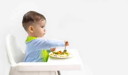 hungry cute little baby eating in high chair healthy vegetables, carrot,potatoes, slices,beans.wide open child mouth,modern kitchen interior,electric owen.isolated on gray,mother hand feeding toddler.
