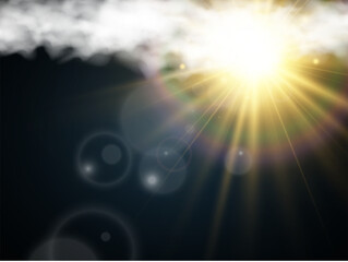 Vector illustration of the sun shining through the clouds. Sunlight. Cloudy vector.	

