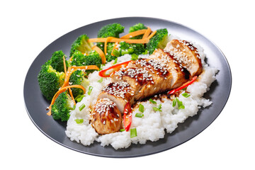 Plate of teriyaki chicken with vegetables and rice isolated on transparent background