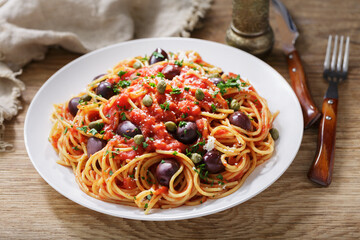 Plate of pasta puttanesca with olives, tomato sauce, anchovies and capers