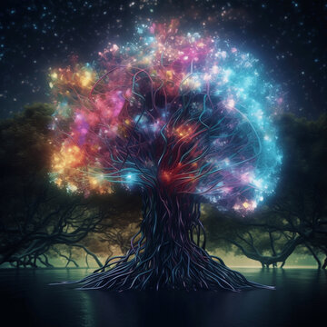 Realistic representation of artificial intelligence AI as a brain connected to nature, colorful, tree