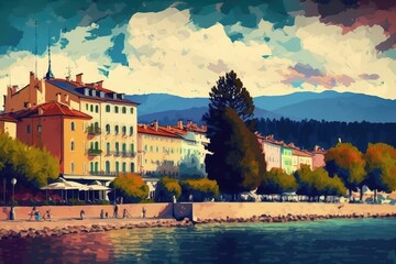 Fototapeta na wymiar embankment of a European resort town, landscape, cityscape, colorful, abstraction, canvas print, AI generation