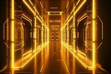 Naklejka na ściany i meble 3D rendering of a futuristic sci-fi corridor illuminated with yellow lights. Generative AI