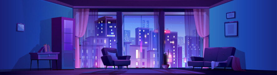 Night living room interior with panoramic window cartoon vector background. Home furniture with couch, bookshelf and armchair. Pink and purple large luxury hotel apartment with day skyscraper city