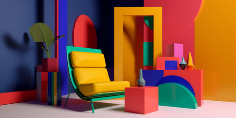 memphis concept interior geometric sofa room armchair colourful home design art. Generative AI.