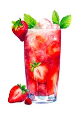 Watercolor illustration of a strawberry cold cocktail isolated on white background. Generative AI.