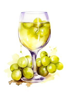 Watercolor illustration of glass of white wine and grapes on white background. Generative AI.