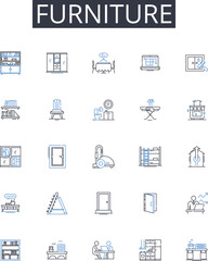 Furniture line icons collection. Chair, Table, Sofa, Cabinet, Cabinetmaker, Piece, Furnishings vector and linear illustration. Settee,Armchair,Loveseat outline signs set