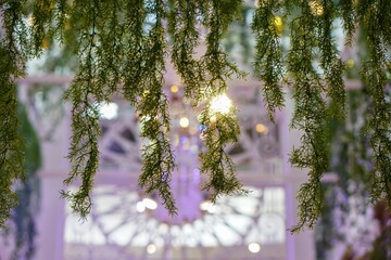 greenery at wedding reception hanging from white chandelier