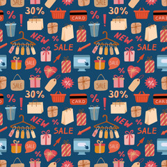 Shopping seamless pattern. Sale and discount print in flat vector style. Hand drawn vector on blue