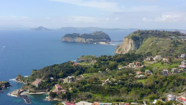 Aerial view of the island of Nisida and Cape Posillipo which are located in Naples, Italy. Nisida is a volcanic islet of the Flegrean Islands archipelago