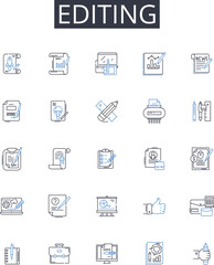 Fototapeta premium Editing line icons collection. Proofreading, Reviewing, Touch-up, Polishing, Revising, Refining, Correcting vector and linear illustration. Scrutinizing,Improving,Redrafting outline signs set