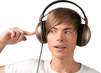 Young man listening to music with headphones on white background