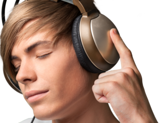 Young man listening to music with headphones on white background