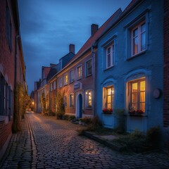 Fototapeta premium Charming European Village at Blue Hour: Quaint Houses in a Kaleidoscope of Colors