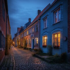 Charming European Village at Blue Hour: Quaint Houses in a Kaleidoscope of Colors