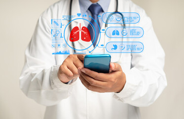 A physician in uniform reads a lung examination report on a smartphone's virtual display while standing in a hospital