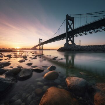 Golden Hour Glow: Capturing the Iconic Bridge in a Long Exposure Sunrise Shot