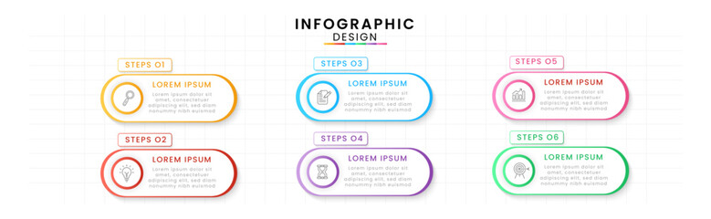 Vector Infographic design template modern timeline. 6 options or steps, Business project template for presentation and report.